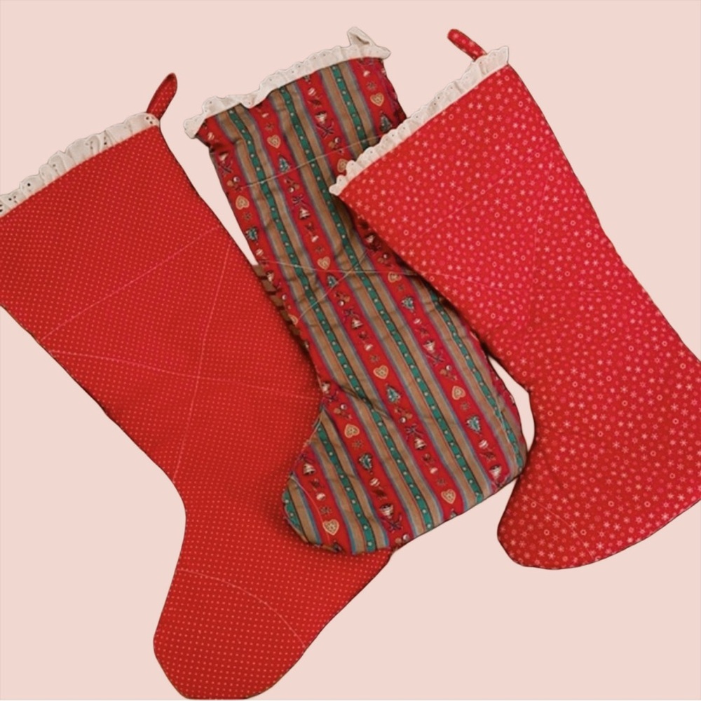 80's Vintage Handmade Calico Quilted Christmas Stockings Set of 3 Red Green